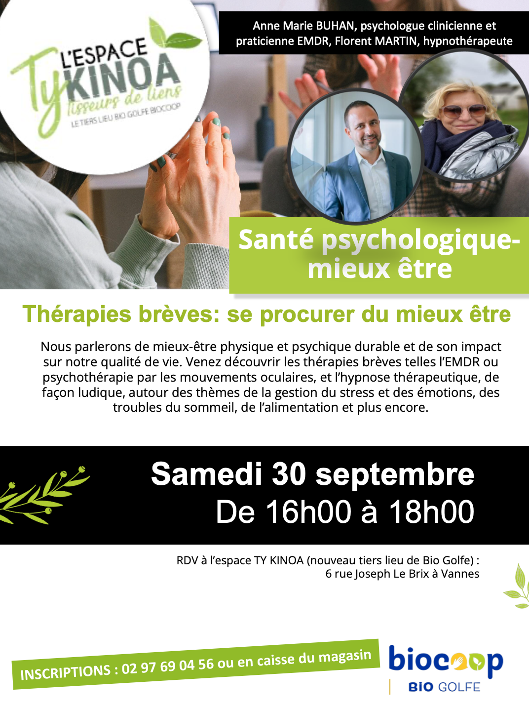 Affiche de l'atelier de découverte de l'hypnose et de l'EMDR du 30 septembre 2023 à Ty Kinoa