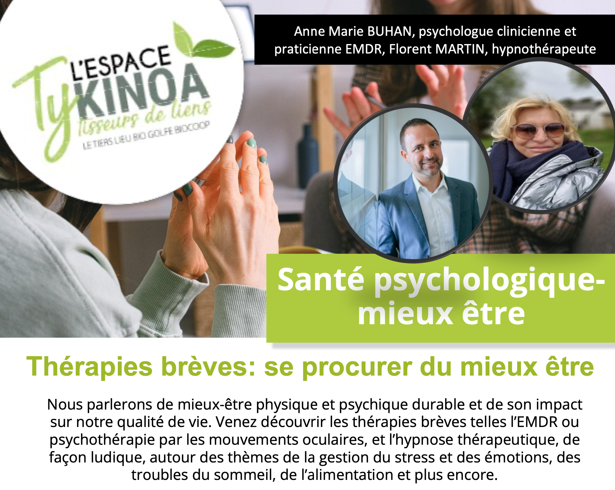 Affiche de l'atelier de découverte ludique de l'hypnose et de l'EMDR, le 30 septembre 2023, àla Biocoop Bio Golfe à Vannes, Morbihan