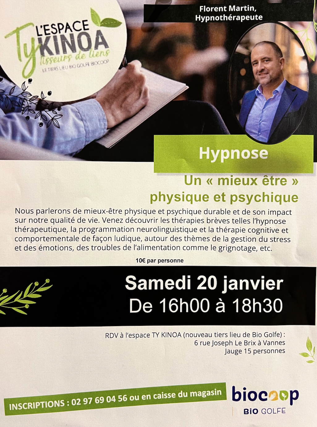 Affiche de l'atelier d'hypnose à la Biocoop Bio Golfe du 20 janvier 2024, Vannes