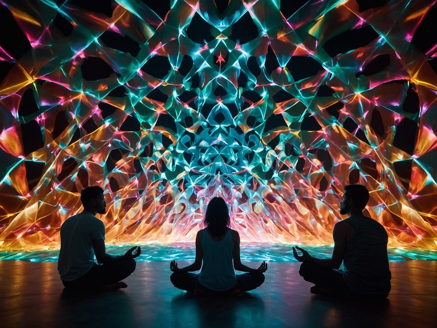 3 personnes en lotus sous une lumière méditative très kaléidoscopique