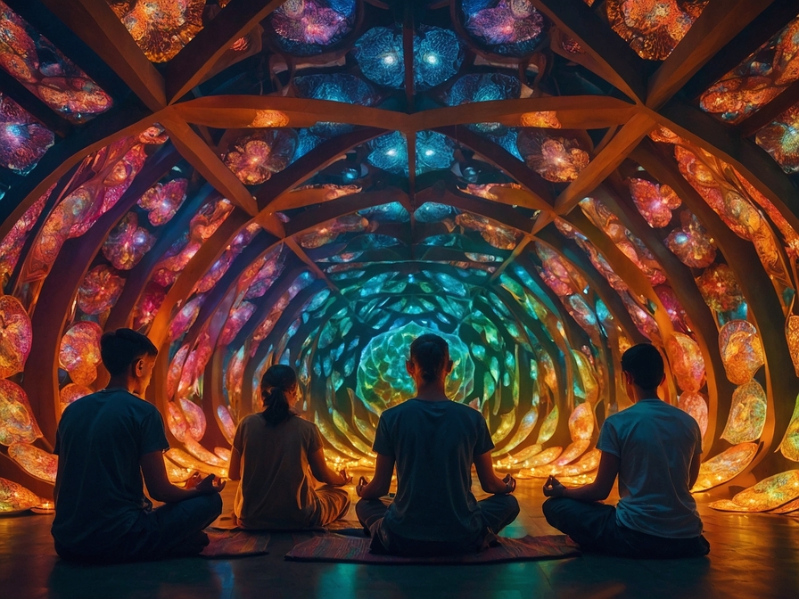 4 méditants en lotus sous une lumière stroboscopique et kaléidoscopique