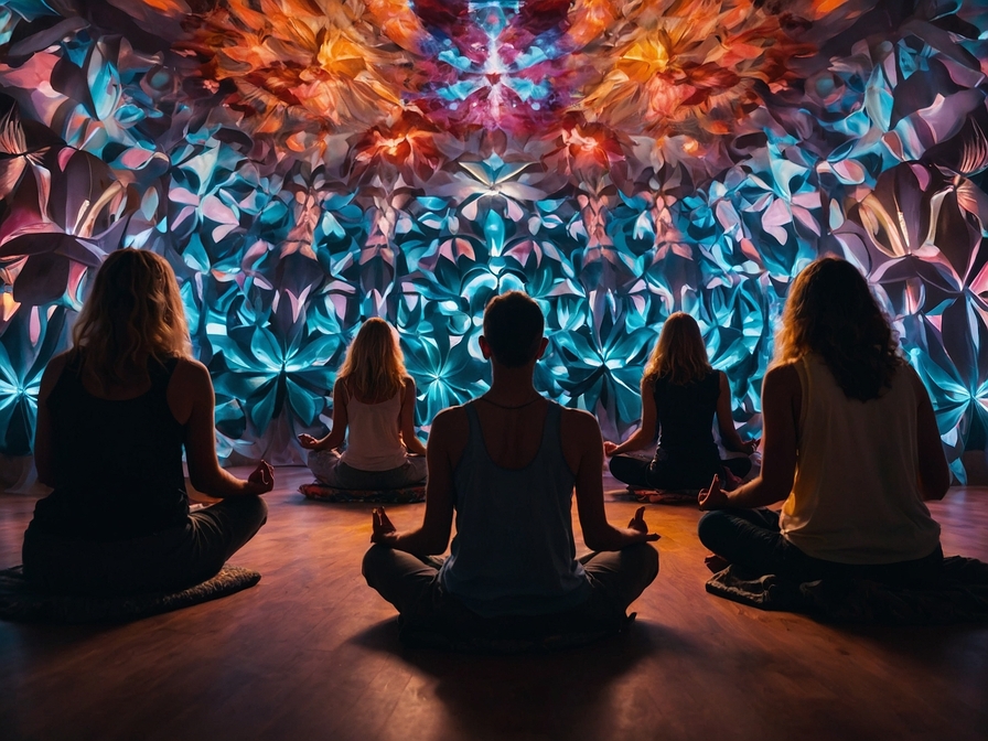 5 personnes en position du lotus en train de méditer face à des images kaléidescopiques
